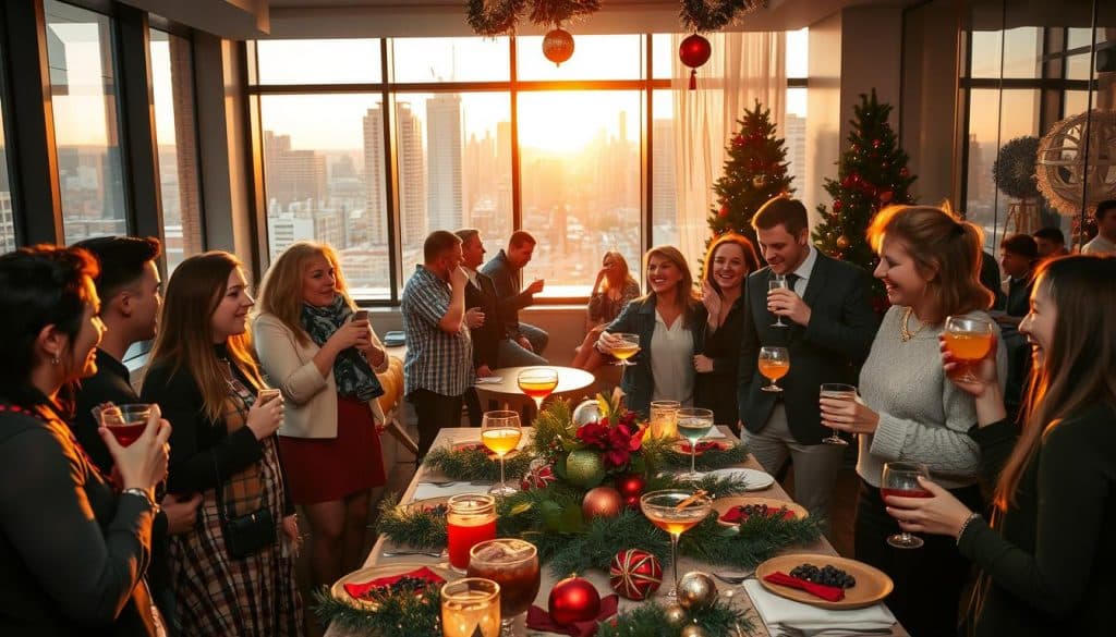 A group of people gather around a decorated table with drinks and holiday decor in a modern high-rise room at sunset, celebrating together with a festive paint and sip experience.