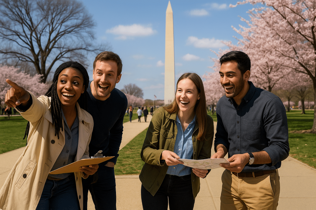 Four people stand together smiling and holding maps near the Washington Monument, with cherry blossom trees in bloom and a clear blue sky in the background.