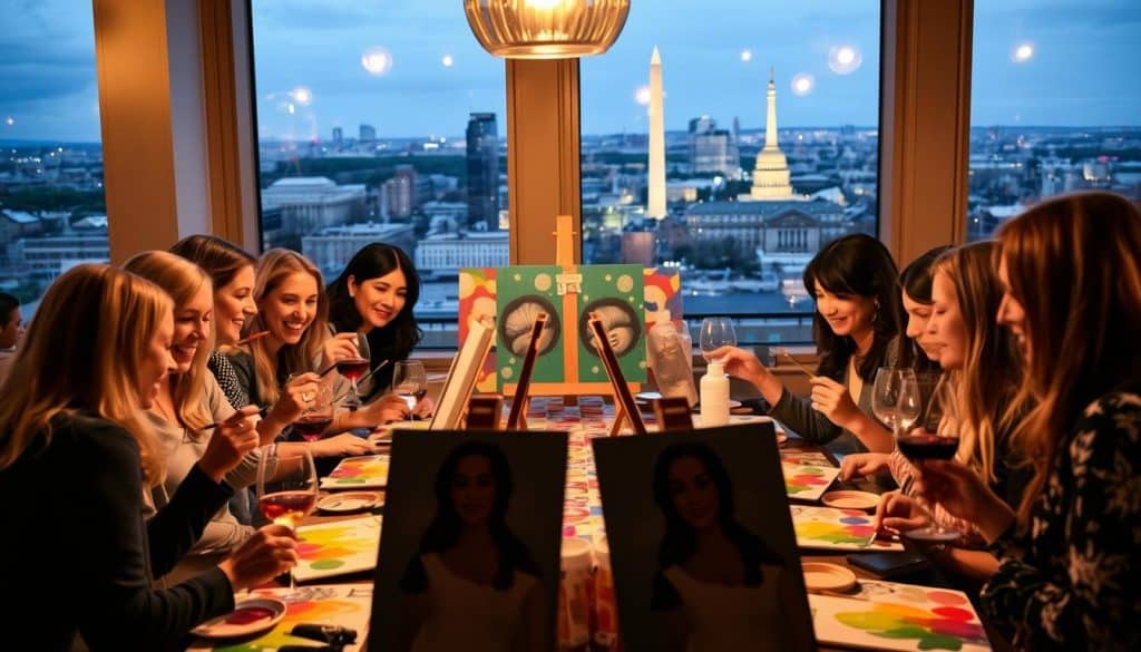 A group of women enjoy a paint and sip evening, sitting around a table painting and drinking wine in a high-rise room with large windows overlooking the city skyline at dusk.