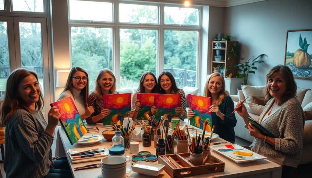 Six women sit around a table at a paint and sip class in DC, holding up vibrant paintings of a sun over a landscape. The bright room with large windows is perfect for this fun FAMILY EVENT.