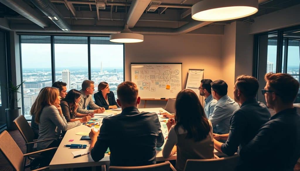 A group of people in a modern conference room sit around a table, attentively listening to a presenter explaining diagrams on a whiteboard, as if hosting a professional paint and sip session. Cityscape visible through large windows.