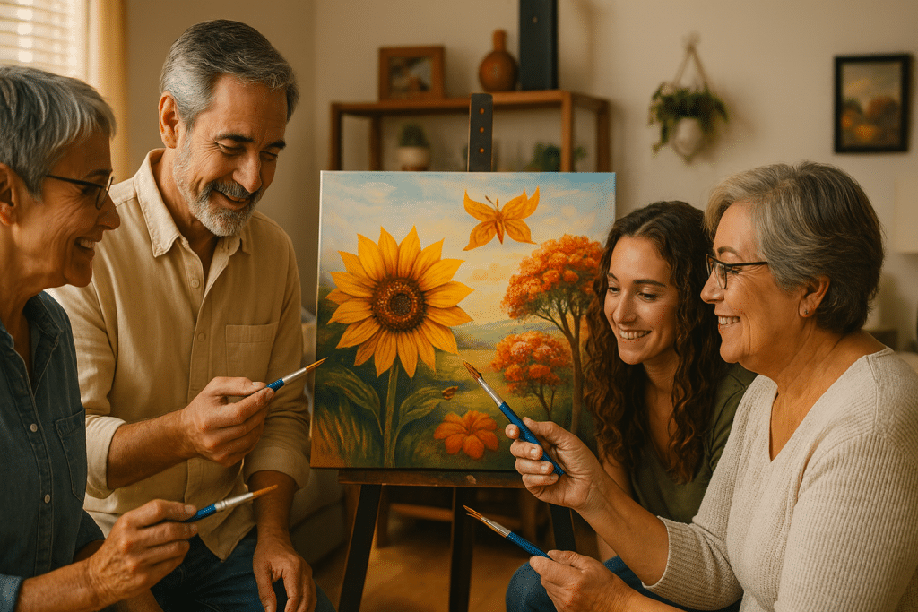 Four adults smile and hold paintbrushes in front of a colorful sunflower painting on an easel during a cozy sip and paint family event in a DC living room.