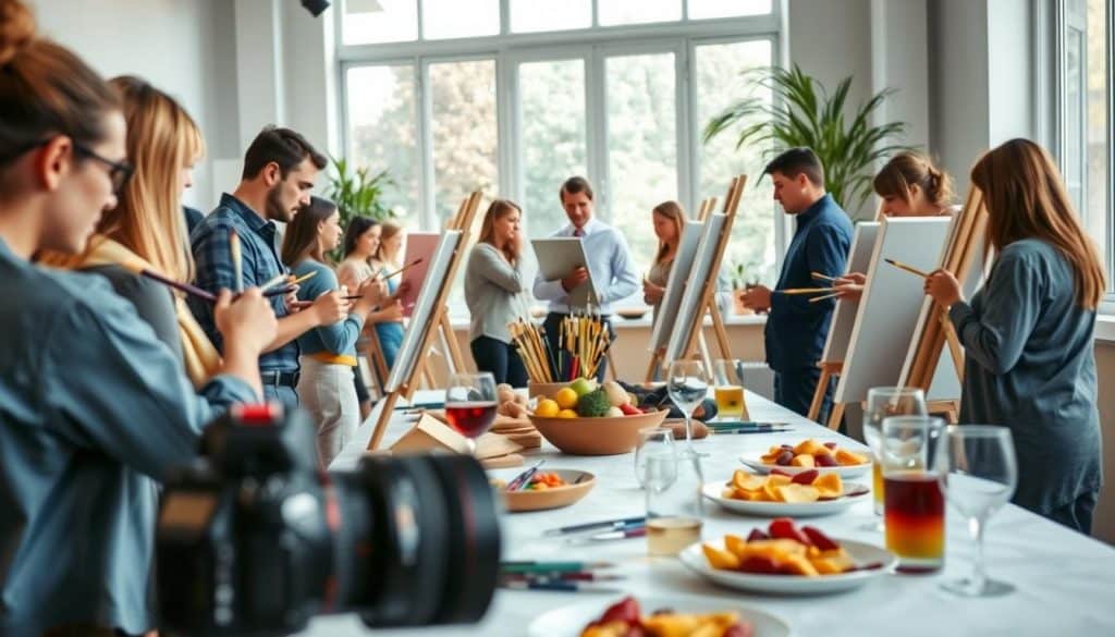 People enjoy a paint and sip session in a bright room, with easels arranged for group painting and a table of snacks, fruits, and drinks in the foreground.
