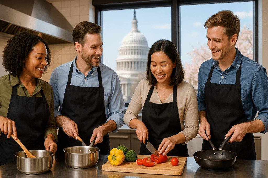 Four people wearing aprons prepare food together in a kitchen, chopping vegetables and smiling, with the US Capitol building visible through the window in the background.