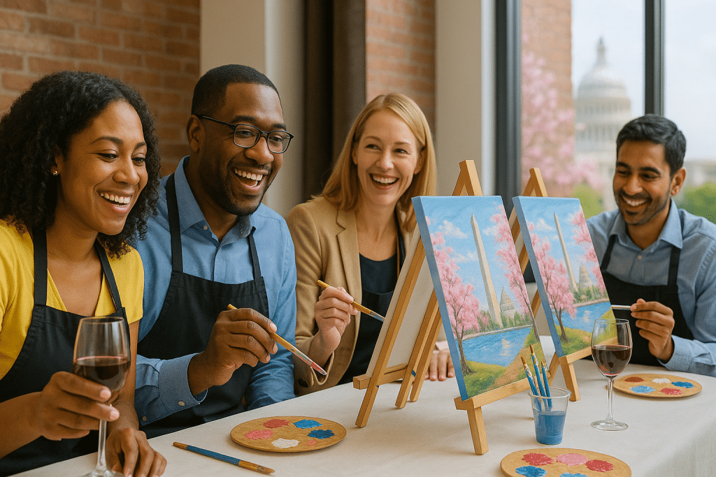 Four adults sit at a table for a sip and paint DC event, painting cherry blossom scenes on canvases, smiling and holding paintbrushes; wine glasses and paint palettes are on the table.