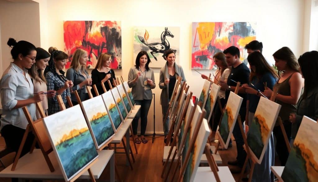 A group of people stands at easels painting landscapes in an art studio during a lively paint and sip event, with abstract artwork displayed on the walls behind them.
