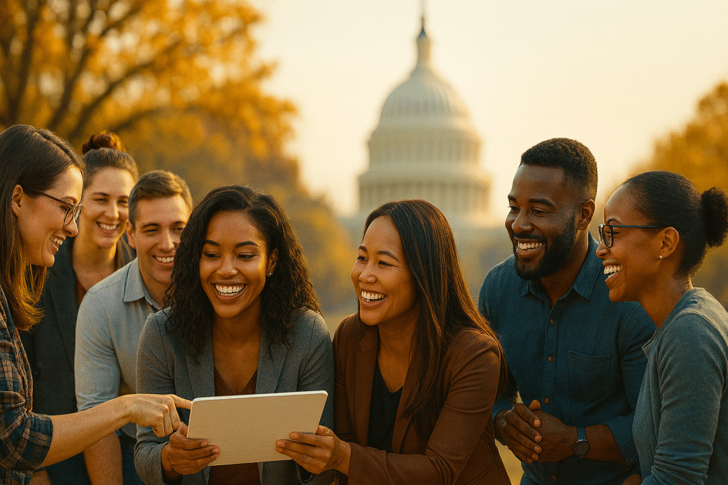 A group of six people smiling and looking at a tablet outdoors near the U.S. Capitol building, planning their next paint and sip event.
