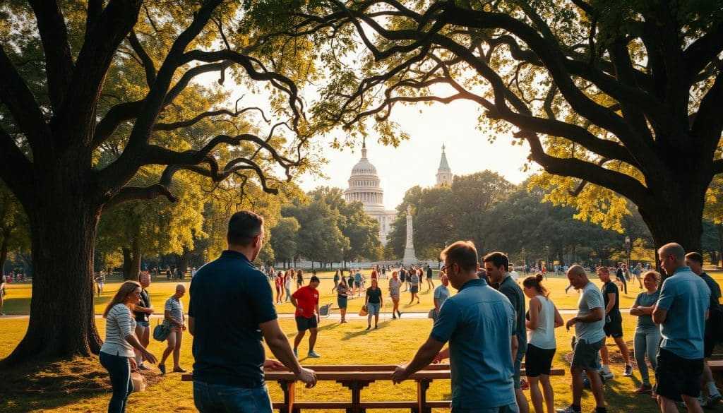 People gather and socialize in a sunlit park with the U.S. Capitol building visible in the background, framed by large trees.