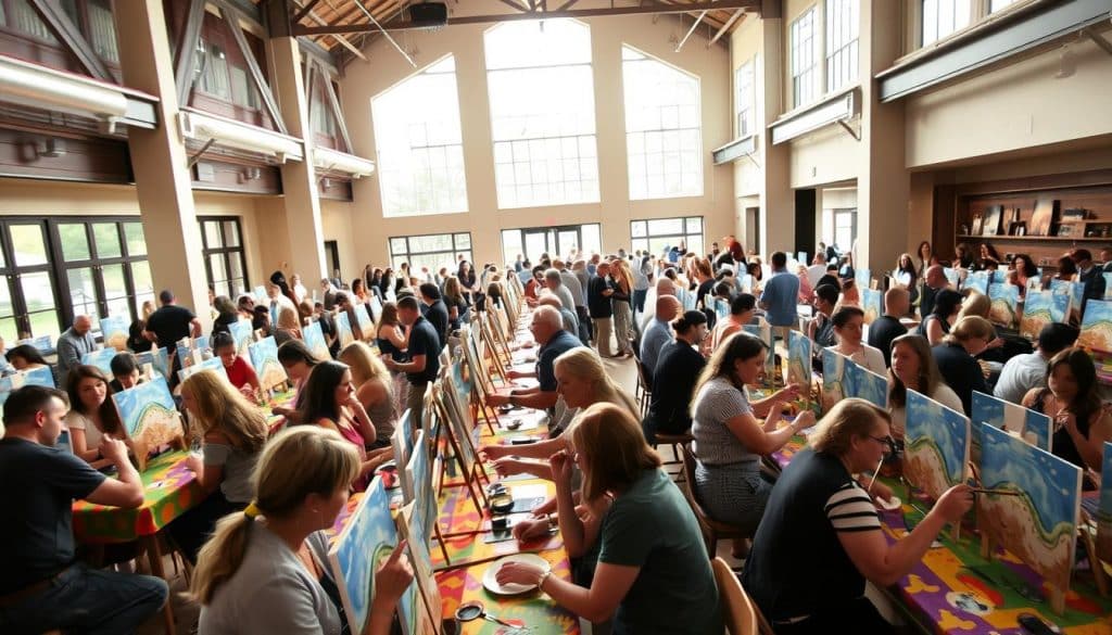A large group of people sit at tables in a bright, spacious hall, each painting on canvases during a lively sip and paint event.