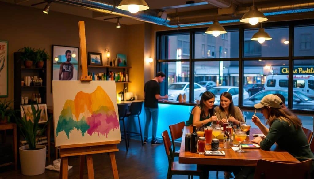 A group of three women dine at a table in a cozy restaurant with large windows; nearby, a colorful abstract painting on an easel suggests they're enjoying a paint and sip evening together.