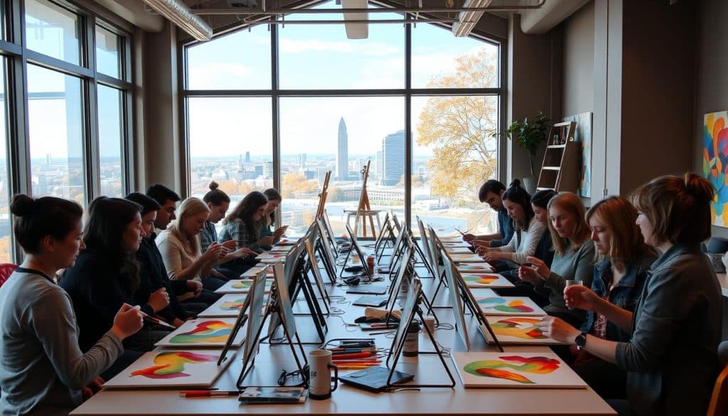 A group of people seated around a long table in an office enjoy a paint and sip session, painting on canvases while large windows reveal a stunning cityscape in the background.