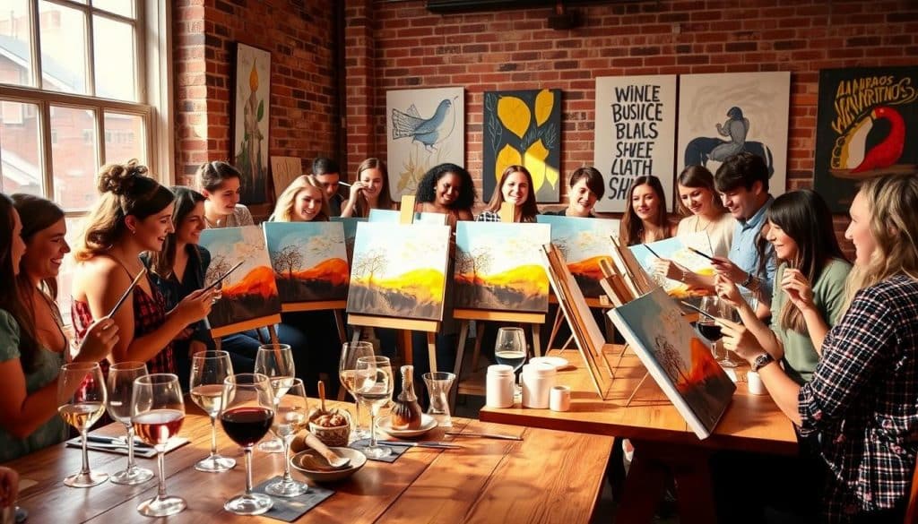 A group of people participate in a cozy paint and sip class at a studio, each creating similar landscape paintings, with wine glasses and snacks scattered on the table.