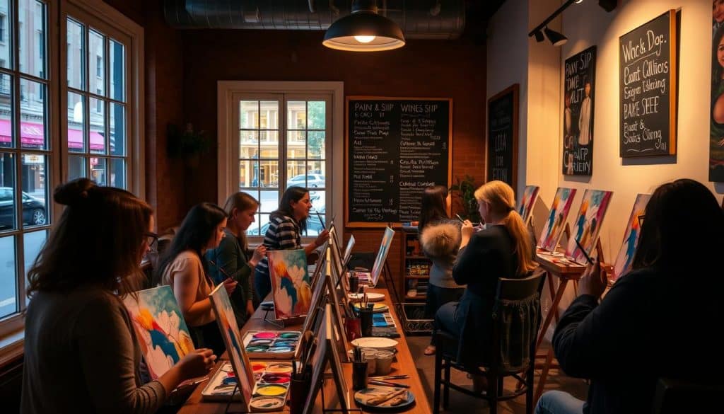 A group of people sit at easels in a warmly lit studio, enjoying a paint and sip class as they create colorful canvases. Art supplies and drinks are scattered on the tables, adding to the relaxed, creative atmosphere.