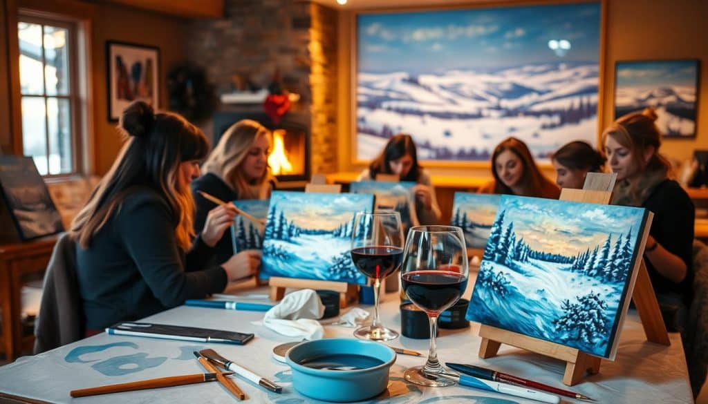 A group of women paint winter landscapes at a table inside a cozy room, with wine glasses and art supplies visible in the foreground.