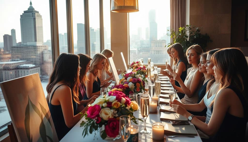 A group of women enjoy a paint and sip evening at a long, elegantly set table with floral centerpieces, dining in a high-rise restaurant with city views.
