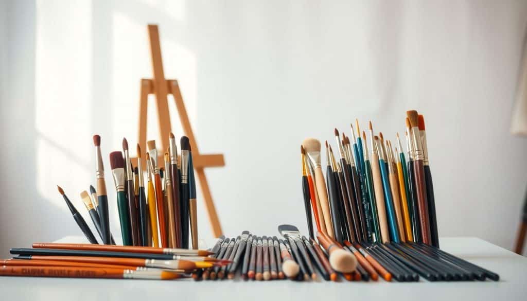 Assorted paintbrushes and pencils are arranged upright and lying flat on a table, with a wooden easel in the background.