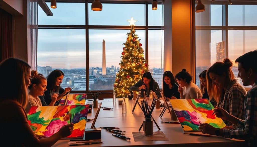 People sit around a table painting colorful artworks in a room decorated with a Christmas tree, with the Washington Monument visible through the window at sunset.
