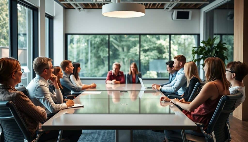 A group of people sit around a large conference table in a modern meeting room with large windows and natural light.