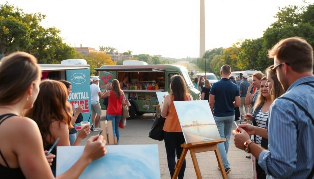 People paint on canvases near food trucks at an outdoor event, with trees and a monument visible in the background under daylight.