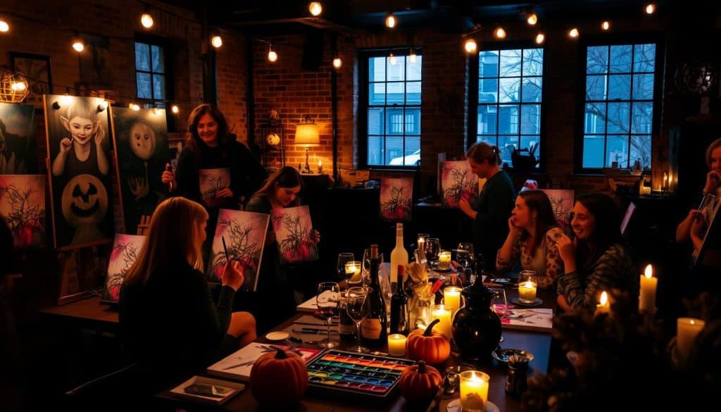 A group of people enjoy a paint and sip night, creating Halloween-themed art at a candlelit table in a cozy, brick-walled room adorned with pumpkins and string lights.
