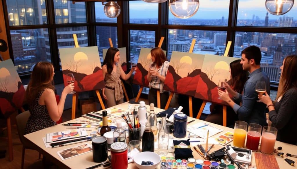 Six people sit at a table in a high-rise room, enjoying a paint and sip session as they create similar sunset landscapes on canvases and hold drinks, with art supplies and city views in the background.