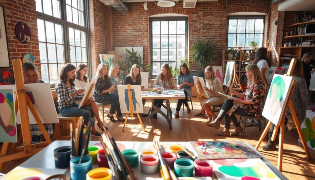 A group of people enjoys a paint and sip session at easels in a sunlit art studio with exposed brick walls and large windows; art supplies are spread across a table in the foreground.
