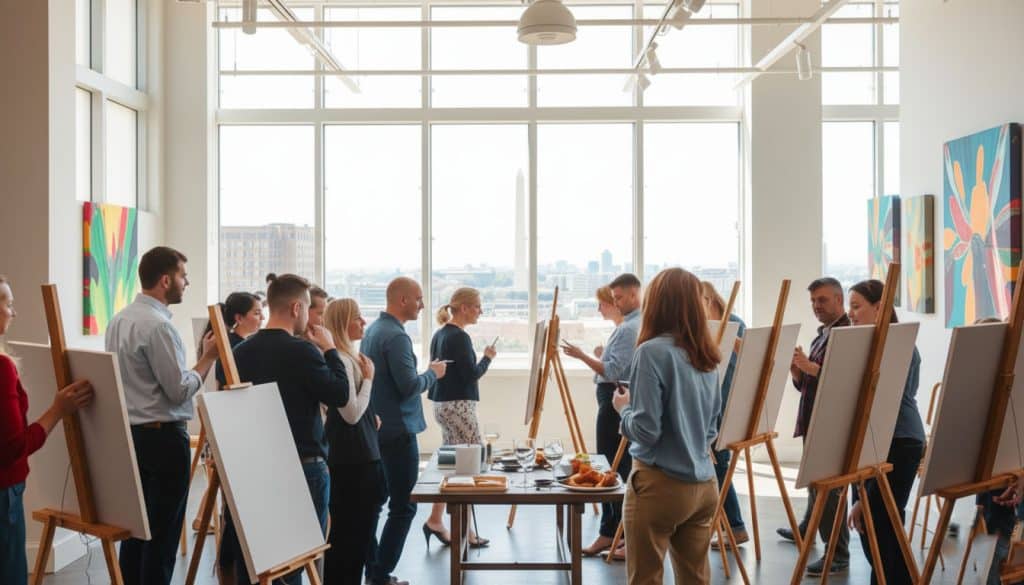 A group of people stand at easels in a bright room with large windows, enjoying a paint and sip workshop.