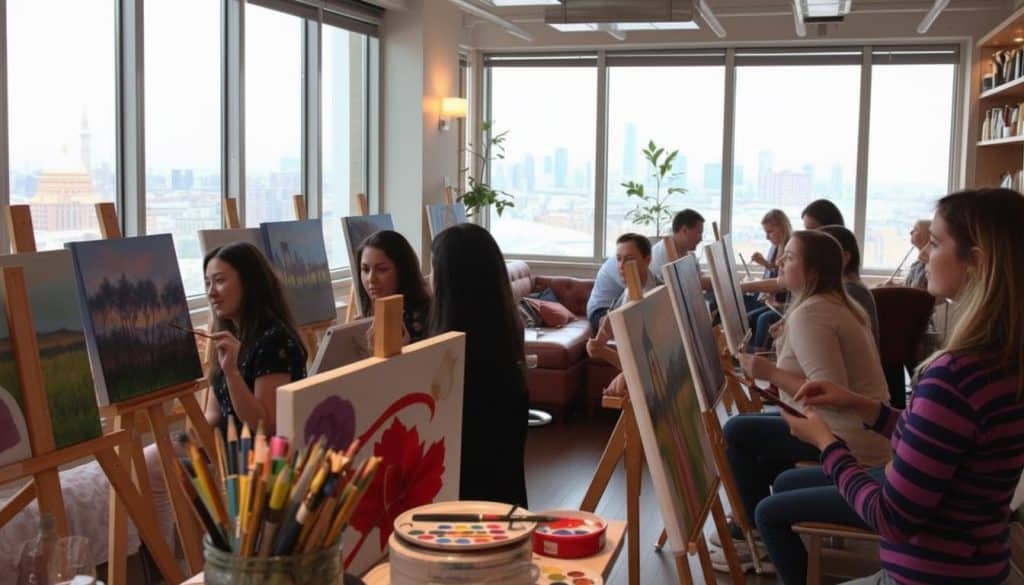A group of people sit at easels in a bright room with large windows, enjoying a paint and sip session as they create art on canvases during an engaging class.