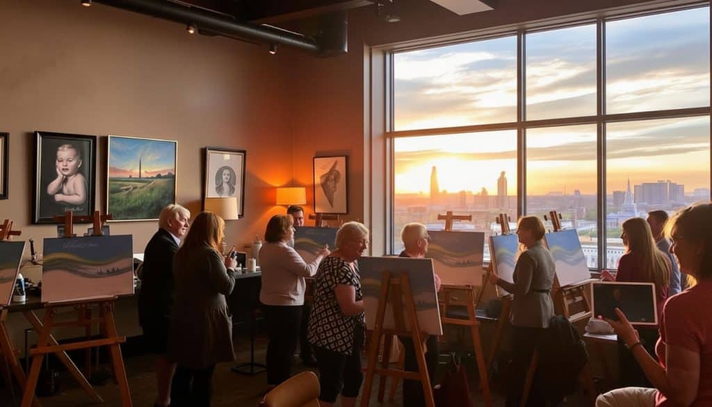 A group enjoys a paint and sip session on canvases in a well-lit room with large windows, city skyline, and sunset in the background; framed portraits hang on the walls.