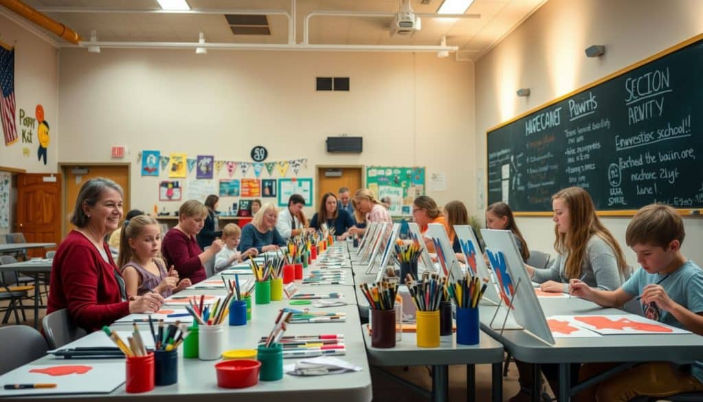 A group of adults and children sit at long tables in a classroom, enjoying a paint and sip session as they create colorful canvases with art supplies spread across the tables.