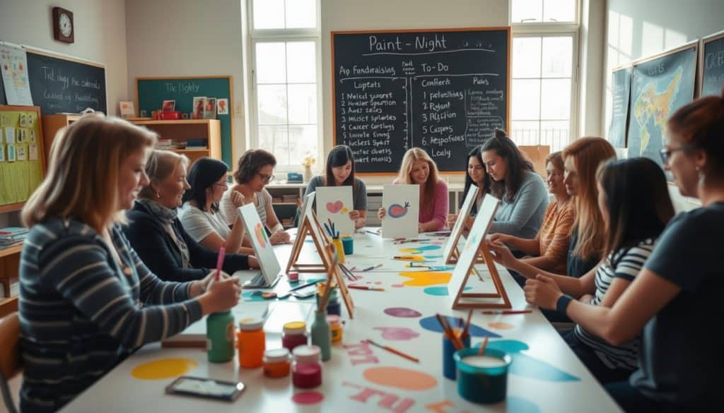 A group of women sit around a table in a classroom, enjoying a daytime paint and sip activity as they create colorful artwork on canvases, surrounded by paint supplies.