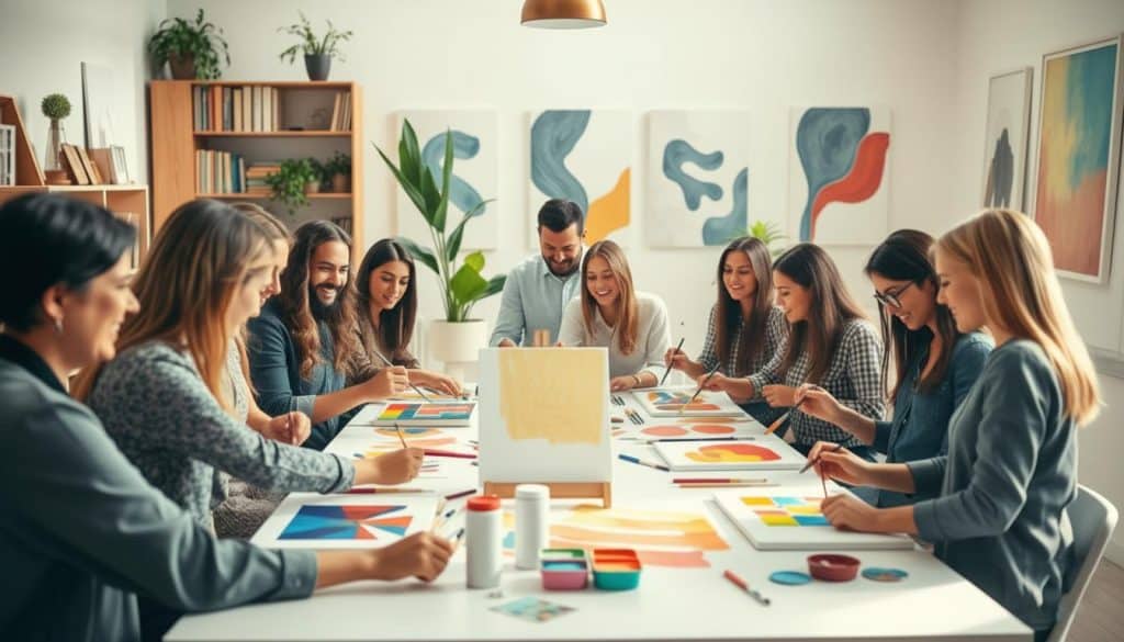 A group of people enjoy a paint and sip session, gathered around a table painting colorful abstract art on canvases in a bright, modern room adorned with contemporary artwork.