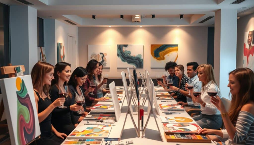 A group of people enjoy a lively paint and sip session, creating abstract art on canvases and holding glasses of wine in a brightly lit art studio.