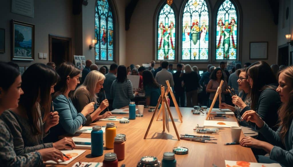 A group of people enjoy a paint and sip event, painting at easels around a large table in a room with stained glass windows and a crowd in the background.