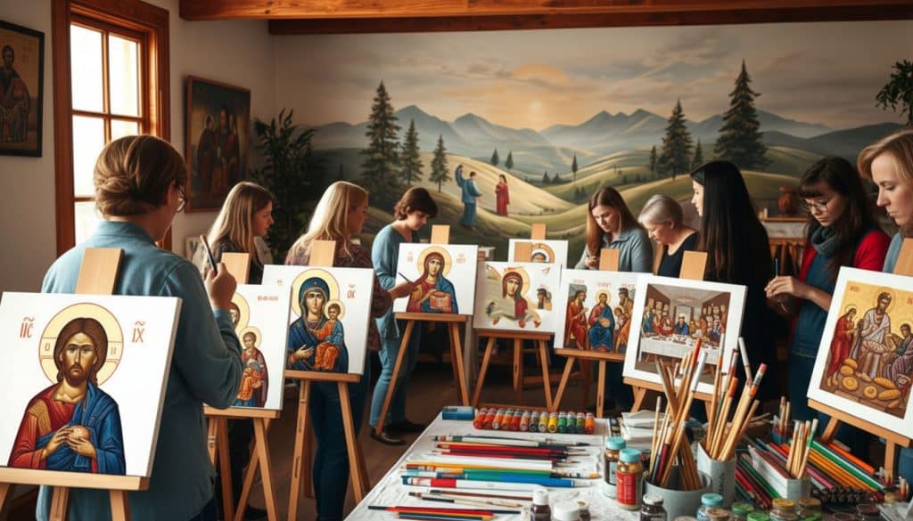 A group of women enjoy a paint and sip session, creating religious icons on canvases in a well-lit art studio with a mural of mountains and fields on the back wall. Art supplies are arranged on a central table.