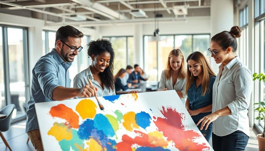 A group of five people stand around a large canvas, collaborating on a colorful abstract painting in a bright, modern office space.