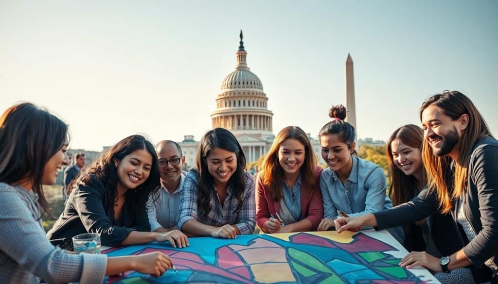 A group of people smiles and enjoys a paint and sip art project outdoors, with the U.S. Capitol and Washington Monument visible in the background.