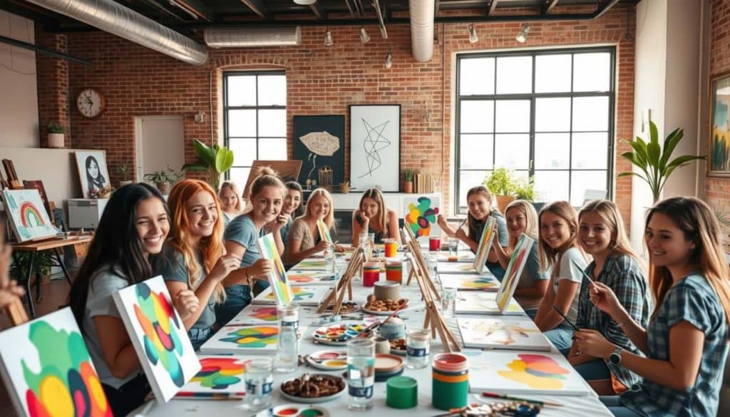 A group of young women sit at a long table in a bright studio, painting colorful abstract art on canvases and smiling for the camera.