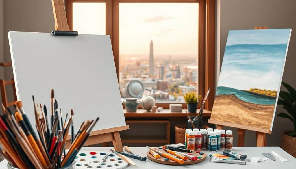 Art studio set for a paint and sip session, featuring a blank canvas on an easel, a finished landscape painting, assorted paintbrushes, and paint tubes, all before a window showcasing a cityscape at sunset.