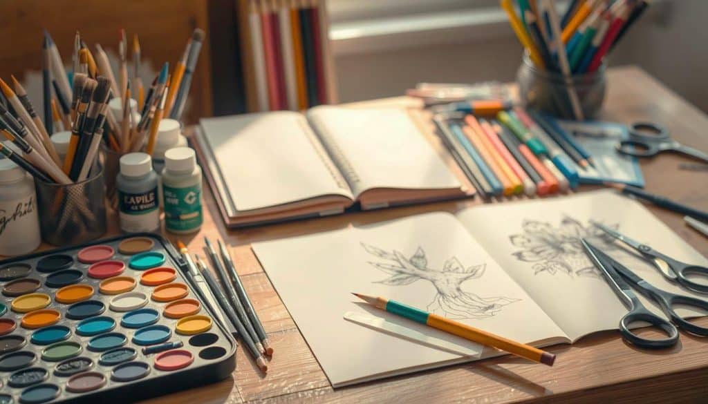 A wooden desk with sketchbooks, colored pencils, watercolor paints, paintbrushes, scissors, and art supplies arranged neatly, with sunlight coming through a window.