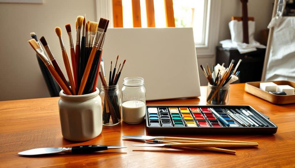 A wooden table holds jars of paintbrushes, a blank canvas on an easel, watercolor paints, palette knives, and other art supplies in a well-lit room, ready for a creative paint and sip session.