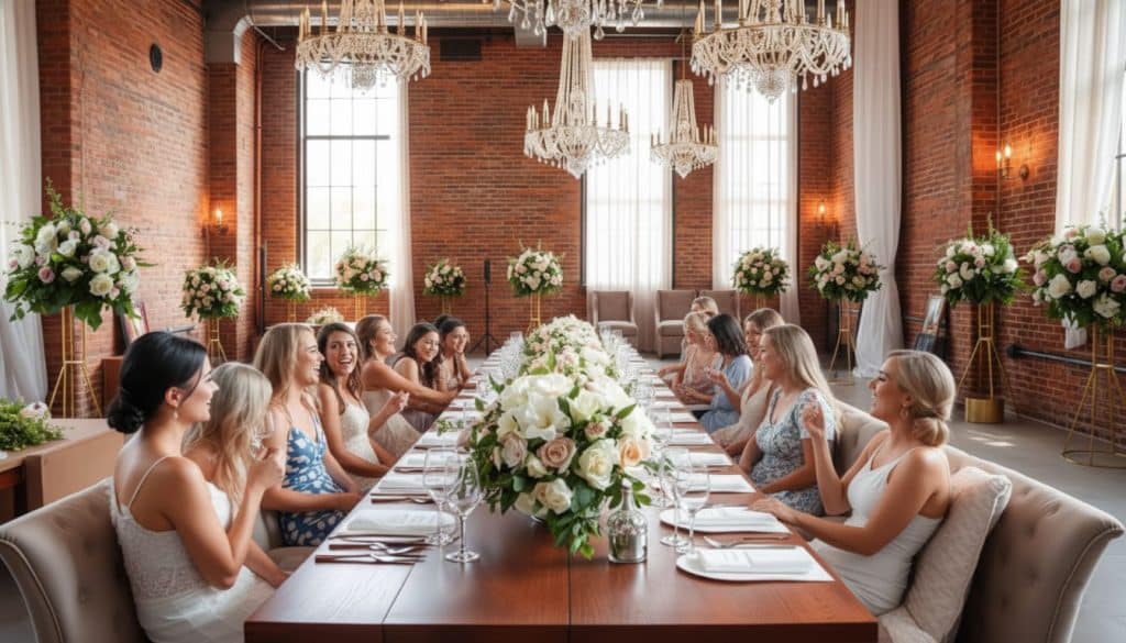 A group of women in dresses enjoy a paint and sip at a long table decorated with white flowers in an elegant room with brick walls and chandeliers.