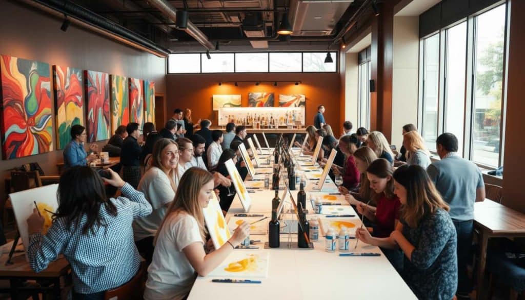A group of people sits at long tables in a studio, participating in a painting class with canvases, paint, and brushes, surrounded by colorful abstract artwork on the walls.