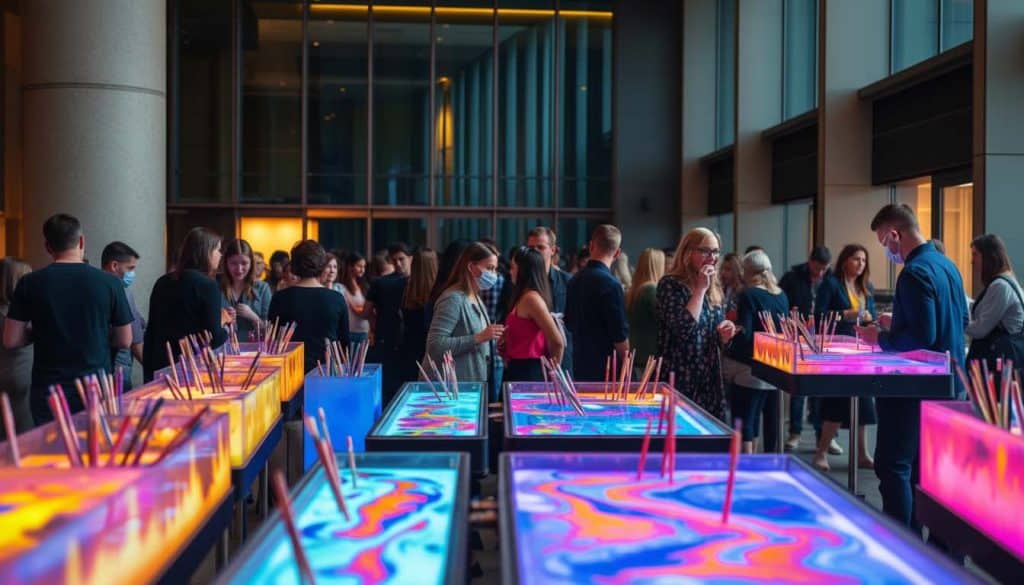 People gather around tables with colorful marbled patterns and paintbrushes at an indoor paint and sip art event or workshop.