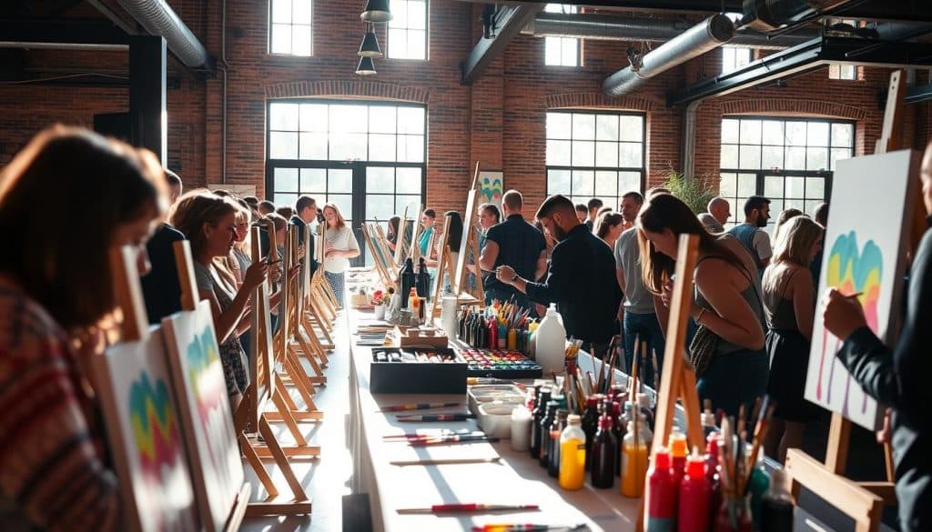 A group of people participate in a painting workshop inside a spacious, sunlit studio with art supplies and canvases arranged on tables and easels.