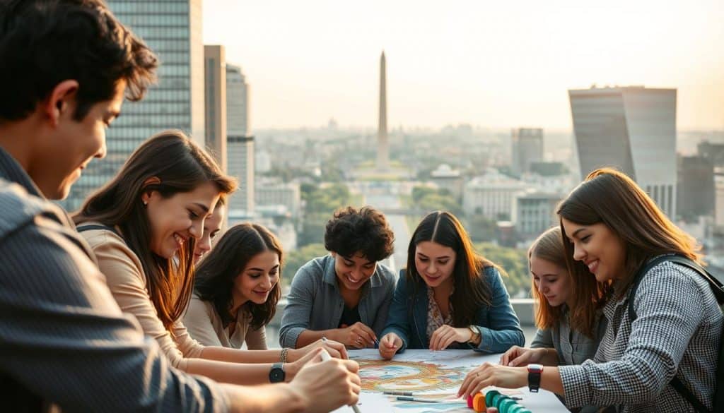 A group of young adults sit around a table on a rooftop, playing a board game, with city buildings and a tall monument in the background.