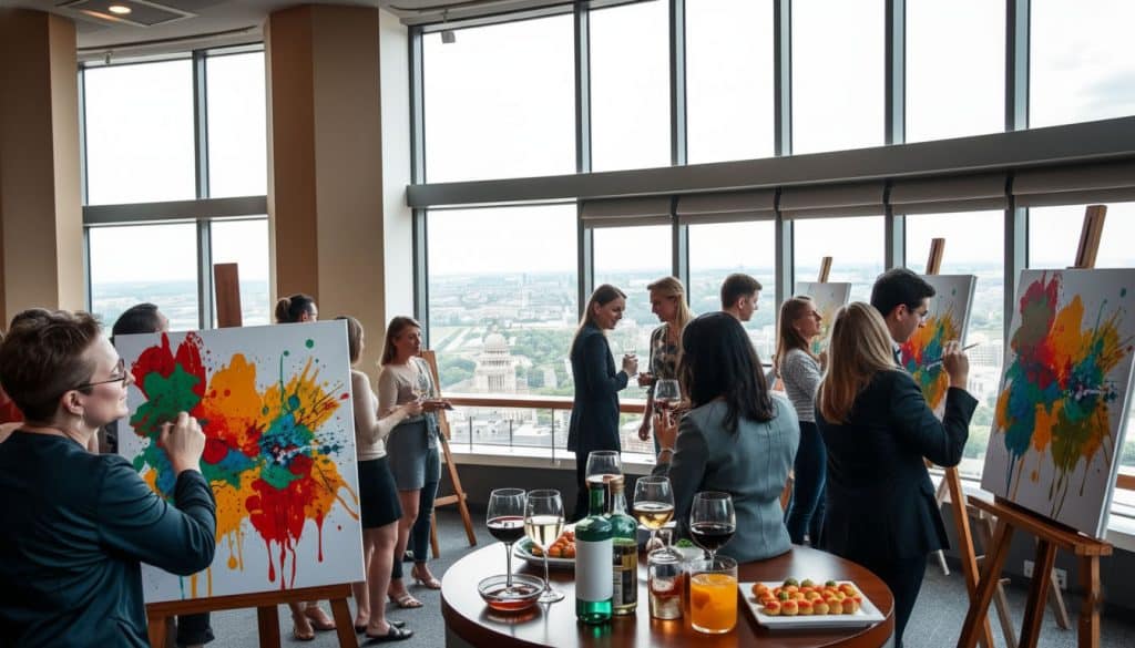 A group of people in business attire enjoy a paint and sip event, creating abstract art on canvases in a modern room with large windows and city views; drinks and snacks are on tables.