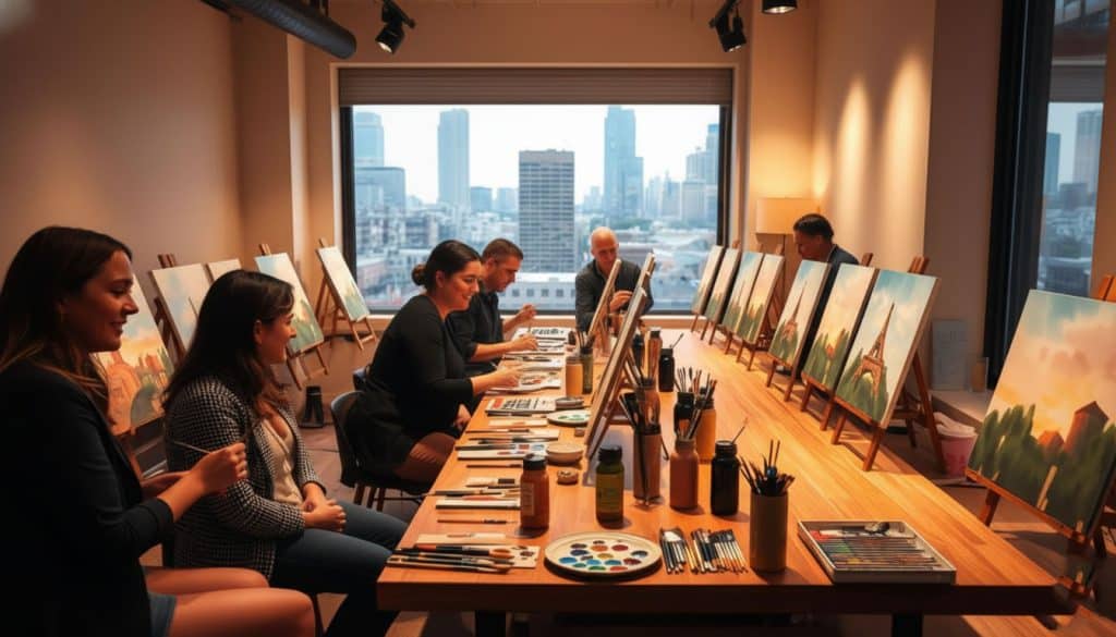 People sit at a long table in a modern room, painting on canvases with city buildings visible through large windows in the background. Art supplies are arranged on the table.