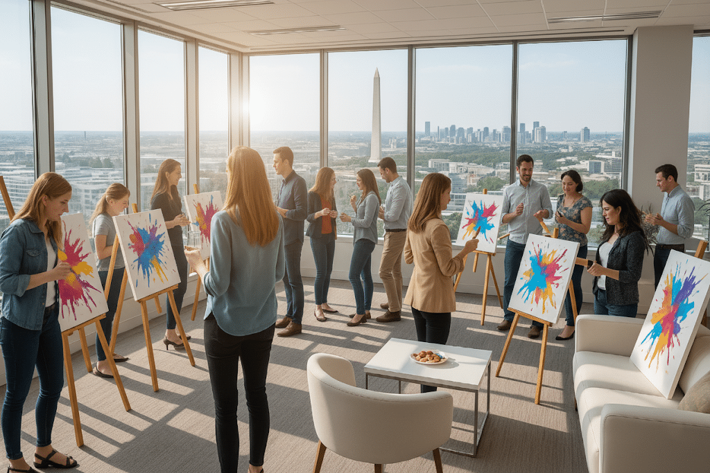 A group of people enjoy a paint and sip activity in a modern office with large windows, overlooking a city skyline with a tall monument visible in the background.
