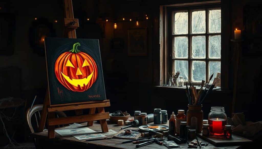 A painting of a jack-o'-lantern on an easel sits on a cluttered table with art supplies, capturing the cozy vibe of a paint and sip night in a dimly lit room near a window with string lights.